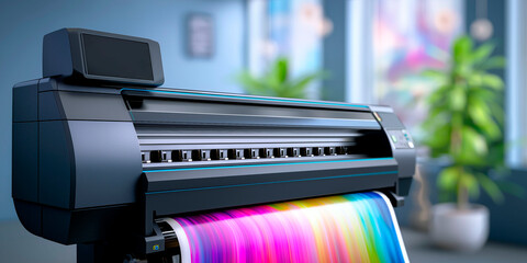 Large format digital printer producing colorful high-resolution output in modern print shop with blurred background