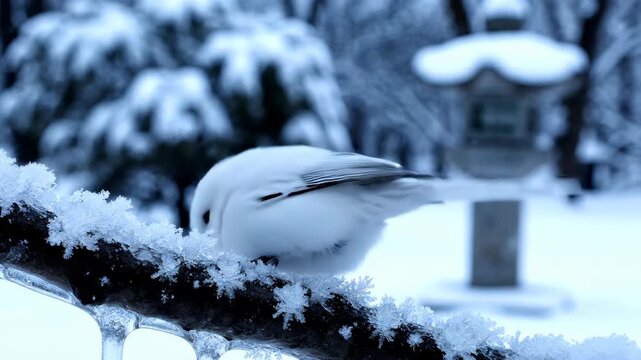 A snowy park in Sapporo, an albino long-tailed tit bird perched on a branch, serene winter atmosphere