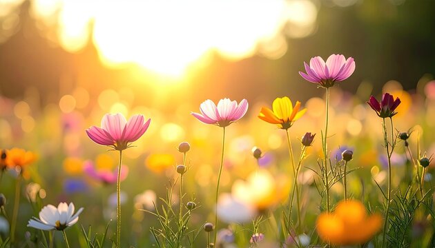 Field of colorful wildflowers bathed in warm golden hour sunlight with soft bokeh background during a vibrant summer sunset creating a peaceful and idyllic atmosphere.