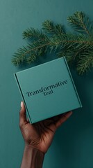Small Transformative Teal Gift Box in Dark Hand with Pine Branch Christmas