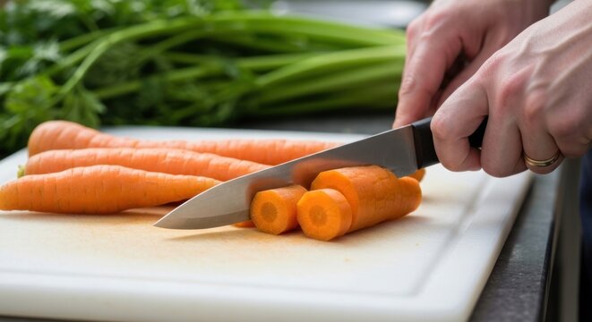 Hands slicing fresh carrots on a white cutting board, celery in the back