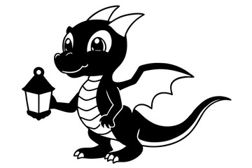 Baby dragon silhouette holding lantern vector illustration isolated on white background