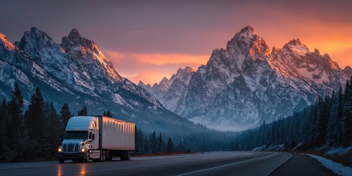 Semi truck driving on highway with mountain range and colorful sky in background during sunset or sunrise