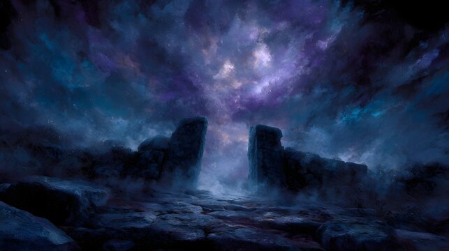 A dramatic otherworldly landscape features a rocky gateway under a vibrant swirling nebula sky