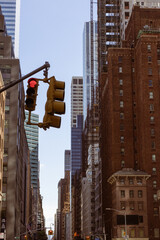 City Street with Traffic Light and Skyscrapers