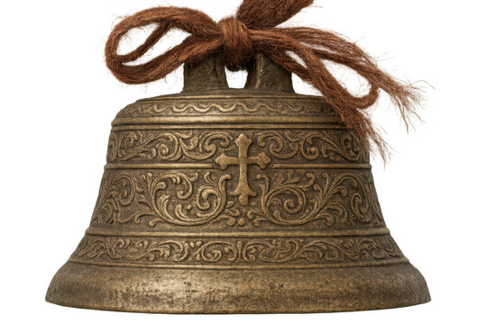 Antique brass bell with ornate cross decoration and rope bow, symbolizing celebration, tradition, and spirituality, transparent background - Powered by Adobe