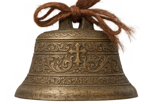 Antique brass bell with ornate cross decoration and rope bow, symbolizing celebration, tradition, and spirituality, transparent background