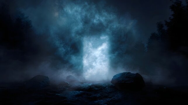 Ethereal glowing portal with swirling energy in a dark misty forest at night