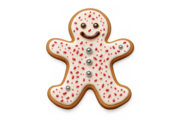 Gingerbread man cookie with white icing and red sprinkles, a festive holiday treat for christmas on a transparent background