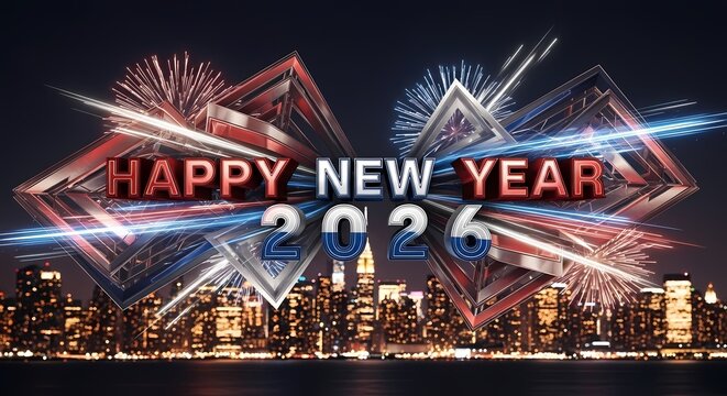Happy new year 2026 celebration with fireworks over the city skyline