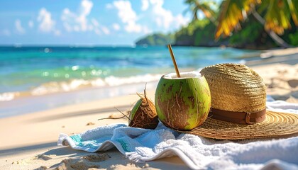 Tropical Beach Scene with Coconuts and Straw Hat at Golden Hour with Lush Green Palm Trees and Turquoise Ocean Waters in the Background