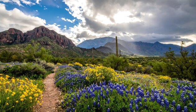 Wildflower-filled trail through desert mountains