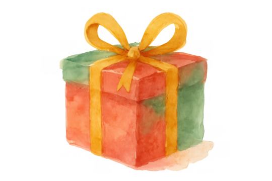 Watercolor gift box, holiday present with green and red wrap, top view yellow bow and ribbon, celebration surprise