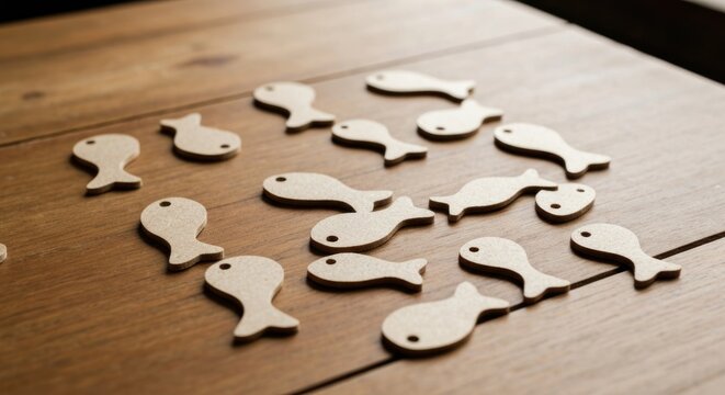 Wooden fish cutouts scattered on a rustic wooden table surface