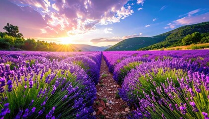 Naklejka premium Vast Lavender Field at Sunset with Mountain Backdrop and Dramatic Clouds Casting Golden Light