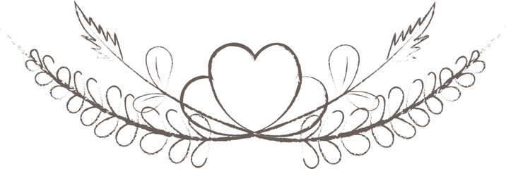 Rustic hand drawn vector divider featuring a central heart framed by symmetrical distressed branches with leaves in a warm sepia sketch style, perfect for boho wedding stationery or romantic borders.