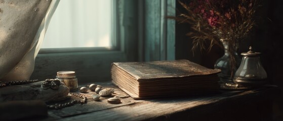 Vintage Keepsake Objects and Faded Memories on Wooden Table