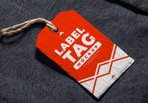 Rectangular Label Tag Mockup with Twine String on Textured Fabric Background