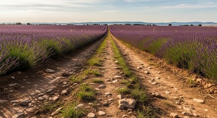 Obraz premium Vast lavender field at sunset with mountain view and clear sky