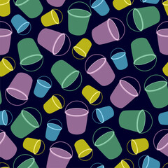 Colorful Plastic Buckets. Seamless pattern. Isolated on dark blue background. Yellow, light blue, violet and green buckets.