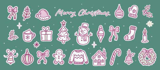 Christmas sticker set with cute hand drawn doodles and white outlines. Coquette holiday icons — gifts, snowman, sweater, mug, bows, tree, gingerbread, and festive elements for cards, planners decor