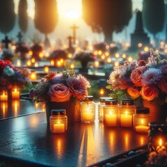 Candles glowing at cemetery, evening silence, flowers on peaceful graves.”
