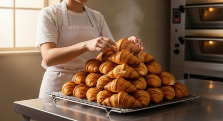 Female baker arranging freshly baked croissants in kitchen