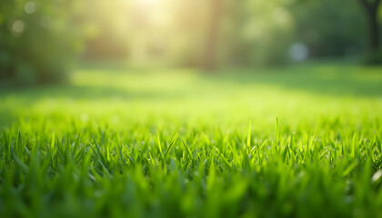 Lush green grass bathed in sunlight evokes peace and tranquility, perfect for nature scenes, backgrounds, or adding a touch of serenity to any project