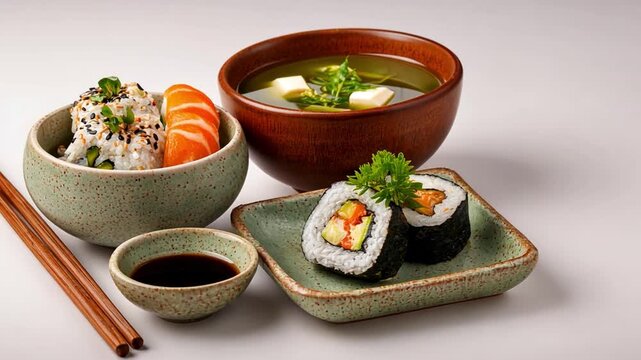 Delectable Sushi Meal: A mouthwatering arrangement of sushi, miso soup, and rice, capturing the essence of Japanese culinary artistry and the simplicity and taste of fresh ingredients.