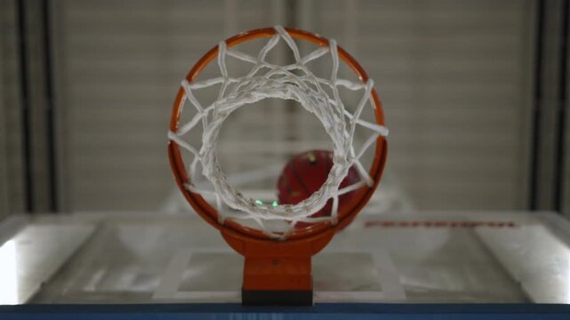 Bottom view, Basketball flying past basketball hoop