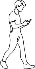 Person walking intently while using a phone for communication in a sleek continuous line drawing