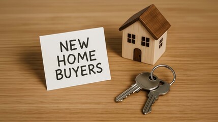New home buyers real estate concept with miniature wooden house model and metal keys on wood table for first time property purchase and homeownership