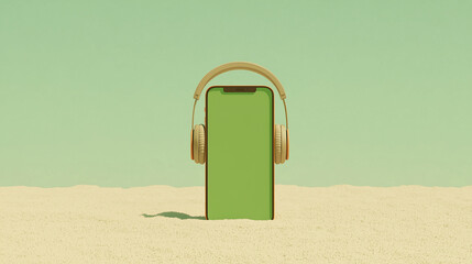 
Smartphone Music App Mockup with Headphones on Sand, mobile with green screen summer vibes