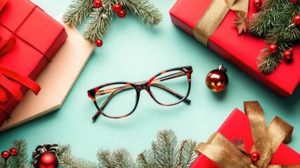 Trendy Glasses with Christmas balls, gifts and fir branches on mint background. New Christmas eyewear collection. Optic store sale banner. Winter special offer discount. Eyeglasses in plastic frame