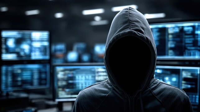 Mysterious Figure in Hoodie Stands Before Multiple Monitors Displaying Complex Data and Information in a Dimly Lit Room, Evoking a Sense of Intrigue and Technology