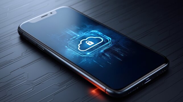 A modern smartphone displaying a digital cloud security symbol, emphasizing importance of data protection and cybersecurity in today's technological landscape.