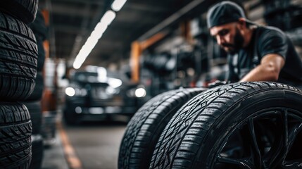 A Skilled Technician Carefully Inspects High-Performance Tires in a Busy Automotive Workshop Under Bright Ambient Lighting