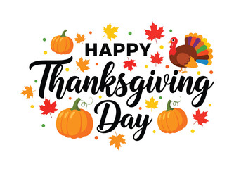 Happy thanksgiving day greeting with pumpkins, turkey, and autumn leaves, perfect for cards, banners, and social media