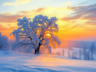 Winter landscape with snow-covered old oak tree at colorful sunset, warm hues over snowy forest, ideal for background design and travel blogs.