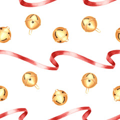 Watercolor red ribbons and golden round jingle bells seamless pattern for Christmas designs. Hand-drawn illustration for winter holiday decor. Festive New Year background for textile, wallpaper, card.