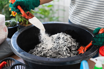 Sustainable Asian woman enjoys eco lifestyle by mixing soil and fertilizer at home gardening with gloves and tools for healthy plant growth and living environment