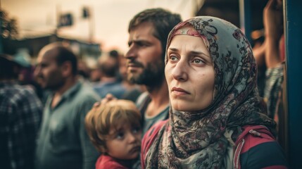 Refugee family looking anxious and uncertain at border. Refugee crisis concept