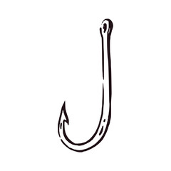 A fish hook made of metal, hand-drawn in ink and translated into a vector. Vector illustration for printing on fishing products, tackle, for printing in magazines and books. Vector illustration