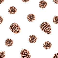 Seamless pattern with watercolor pine cones for Christmas designs. Hand-drawn illustration for winter holiday decor. Conifer plant natural background template for wallpaper, packaging, greeting cards.