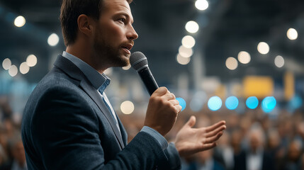 Voice of Authority: A poised speaker captivates the audience during a pivotal moment, delivering an important speech with conviction.
