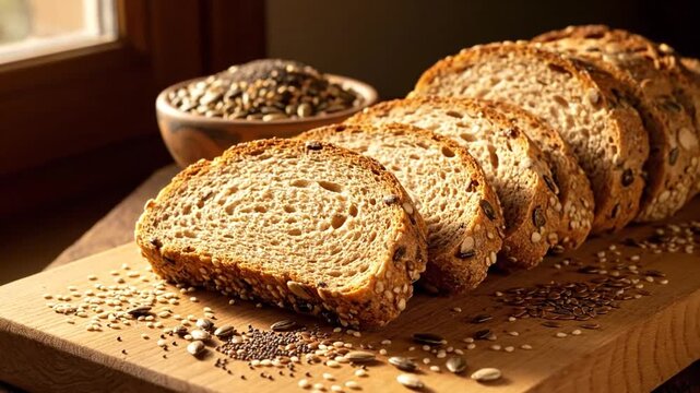 Seeded bread slices resting on wooden board