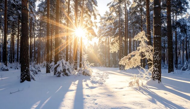 Winter sunbeams through snowy forest