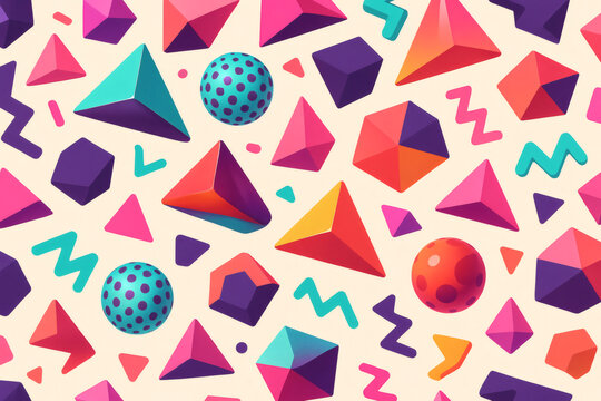 A vibrant pattern featuring colorful geometric shapes and playful design elements