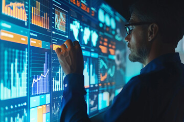 Man in glasses analyzing complex financial data charts and graphs on a large digital screen with glowing blue and orange lights in a modern office setting