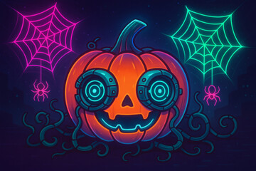 Fototapeta premium Neon glow pumpkin with robotic eyes and spooky halloween webs